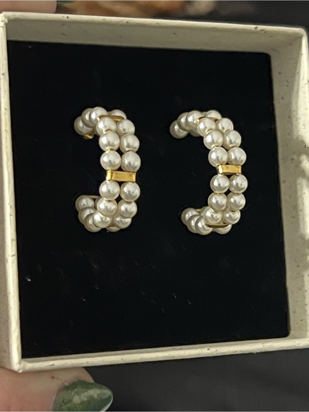 Faux Pearl Hoop Earrings Double Row Gold Tone Statement Bridal Vintage Style